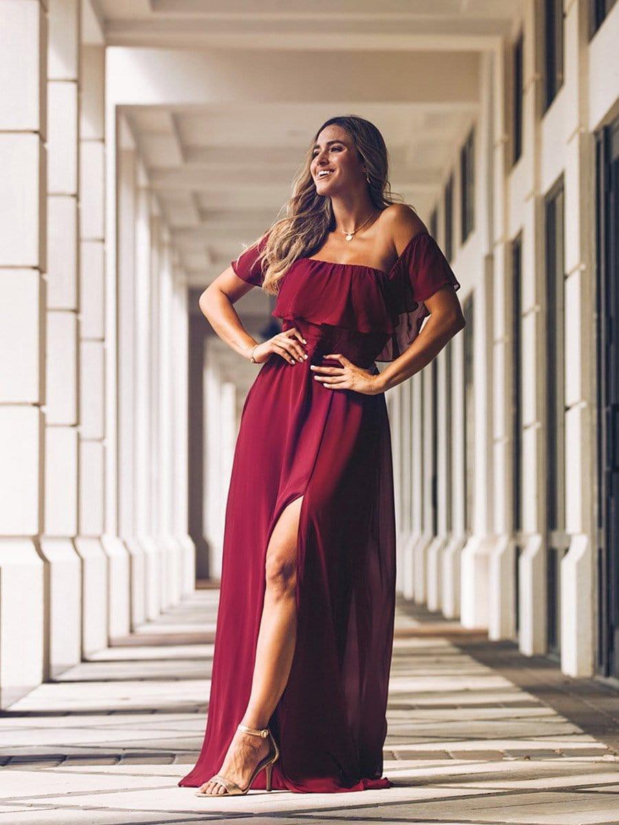 ever ÉMILE|Off the Shoulder Ruffle Bodice Long Flowy Chiffon Bridesmaid Dress
