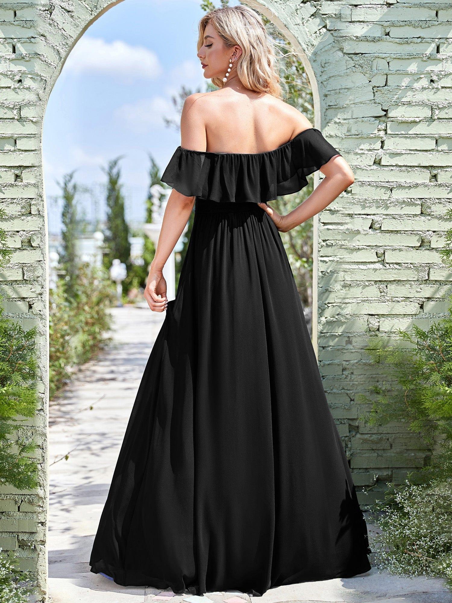 ever ÉMILE|Off the Shoulder Ruffle Bodice Long Flowy Chiffon Bridesmaid Dress