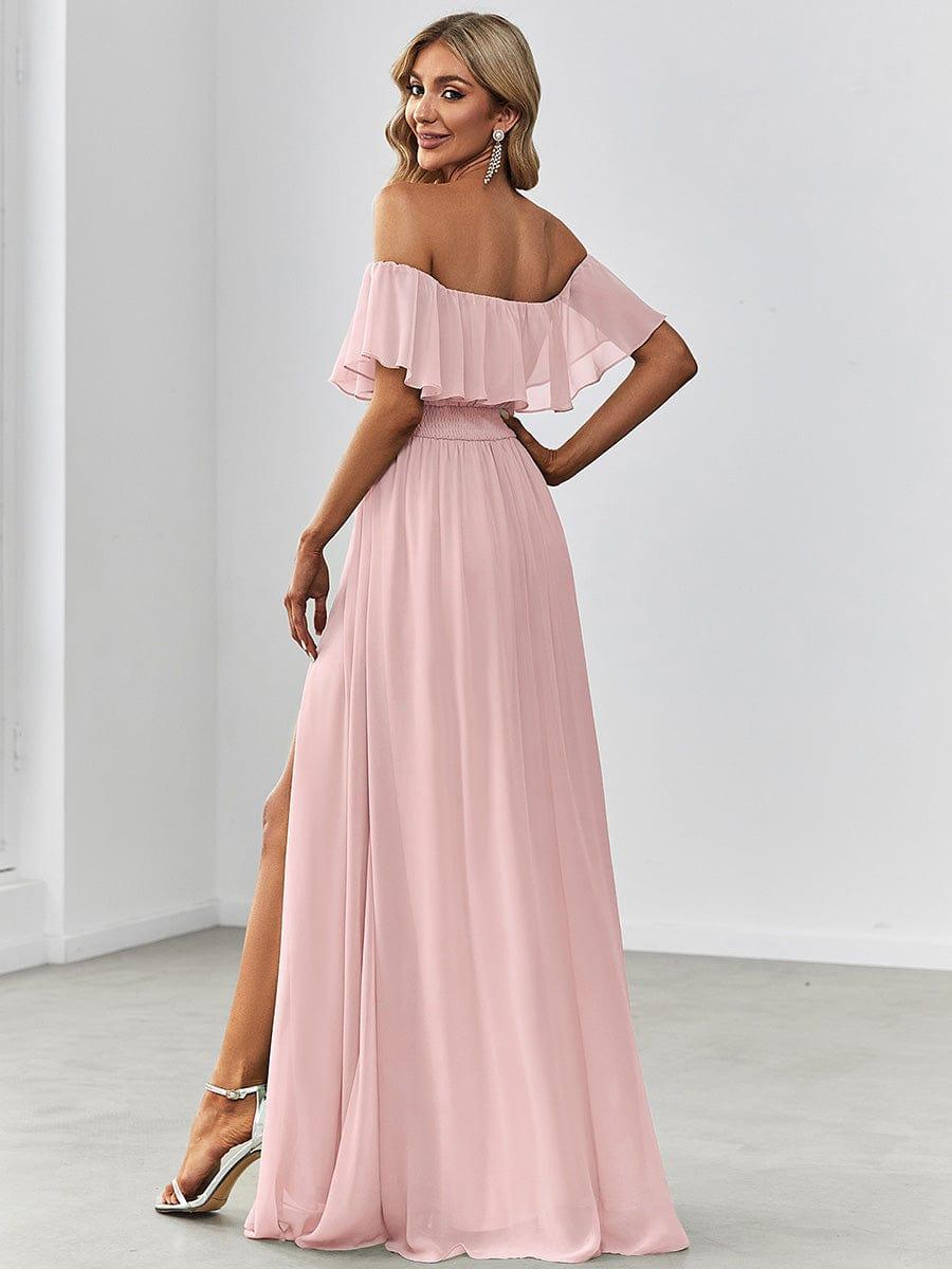 ever ÉMILE|Off the Shoulder Ruffle Bodice Long Flowy Chiffon Bridesmaid Dress