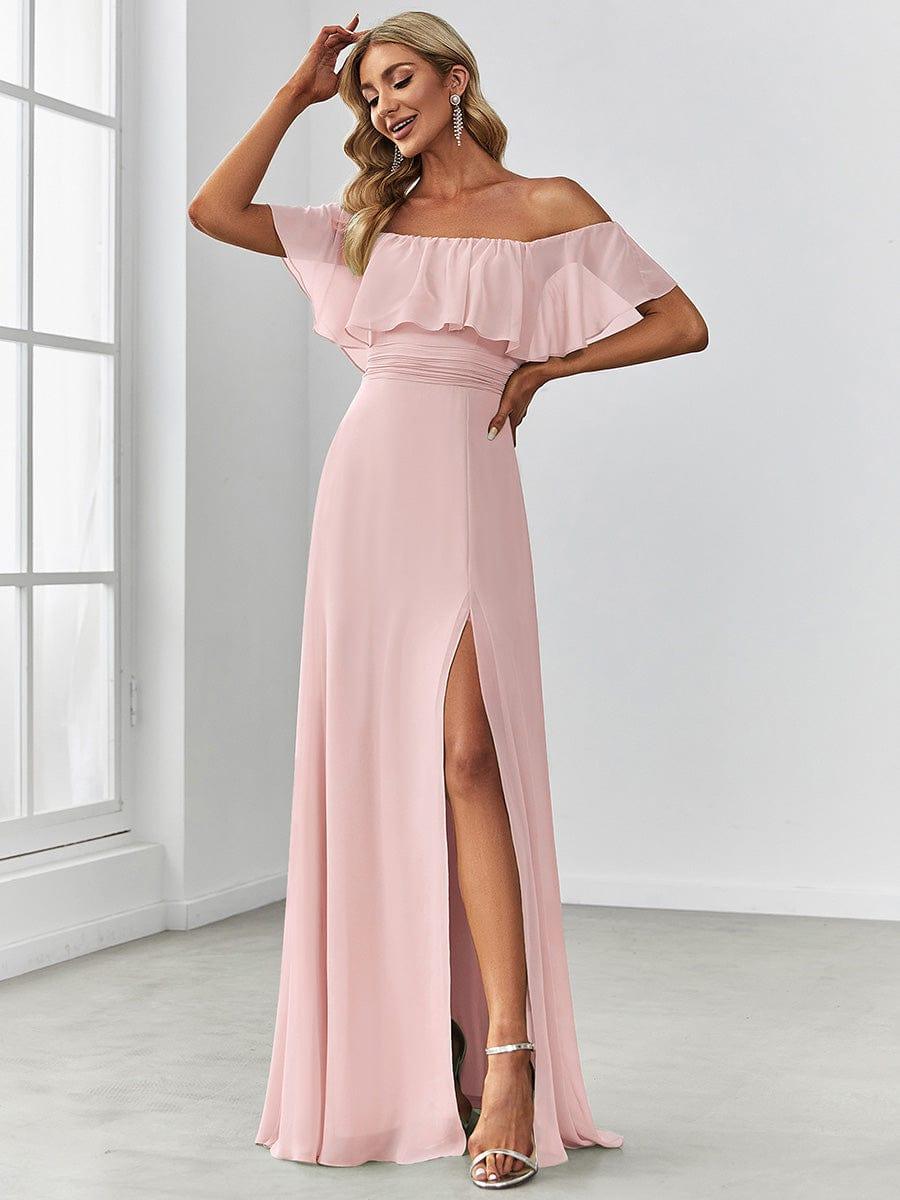 ever ÉMILE|Off the Shoulder Ruffle Bodice Long Flowy Chiffon Bridesmaid Dress