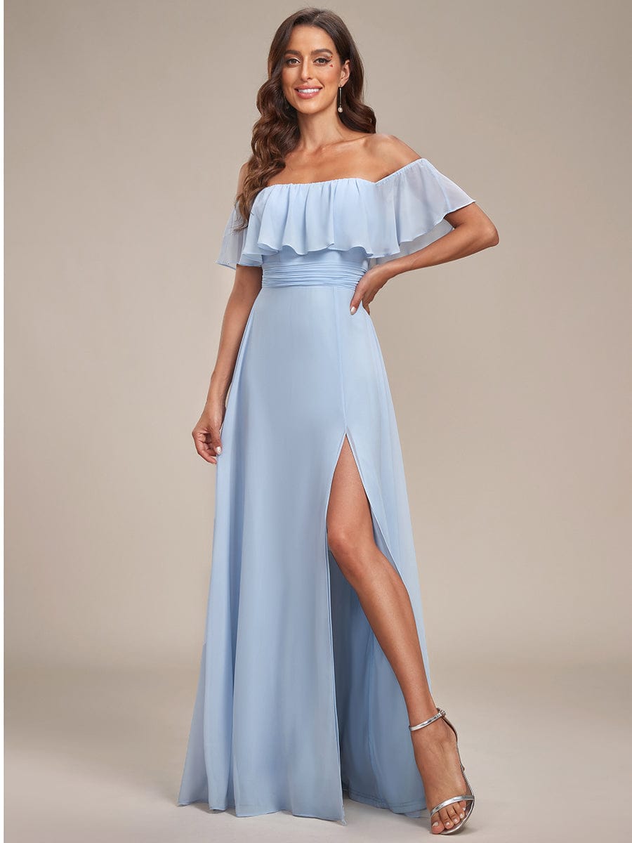 ever ÉMILE|Off the Shoulder Ruffle Bodice Long Flowy Chiffon Bridesmaid Dress