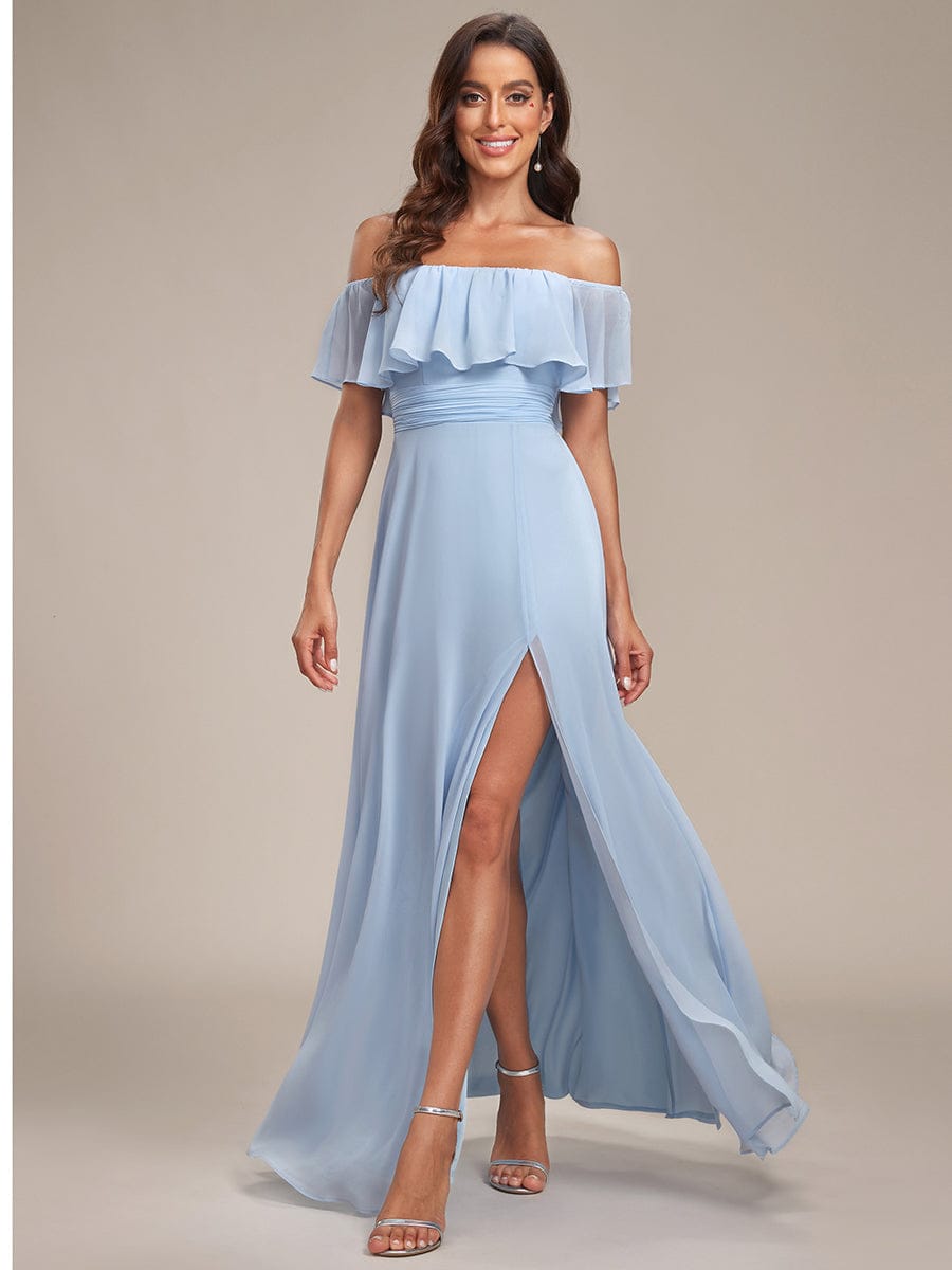 ever ÉMILE|Off the Shoulder Ruffle Bodice Long Flowy Chiffon Bridesmaid Dress