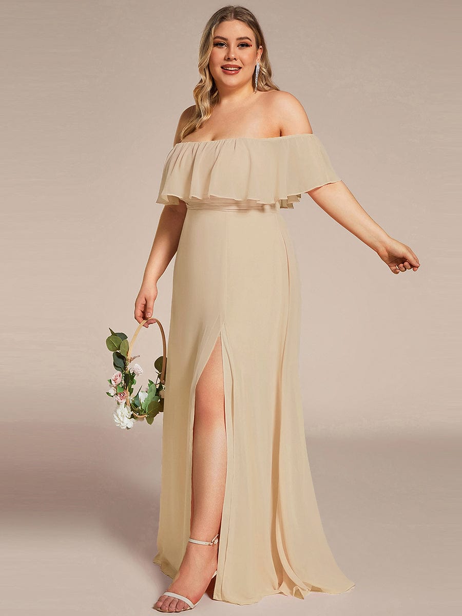 ever ÉMILE|Off the Shoulder Ruffle Bodice Long Flowy Chiffon Bridesmaid Dress