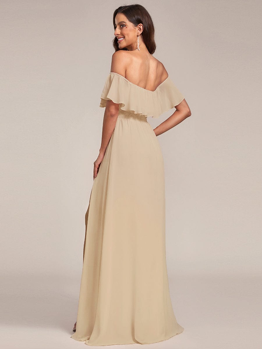 ever ÉMILE|Off the Shoulder Ruffle Bodice Long Flowy Chiffon Bridesmaid Dress