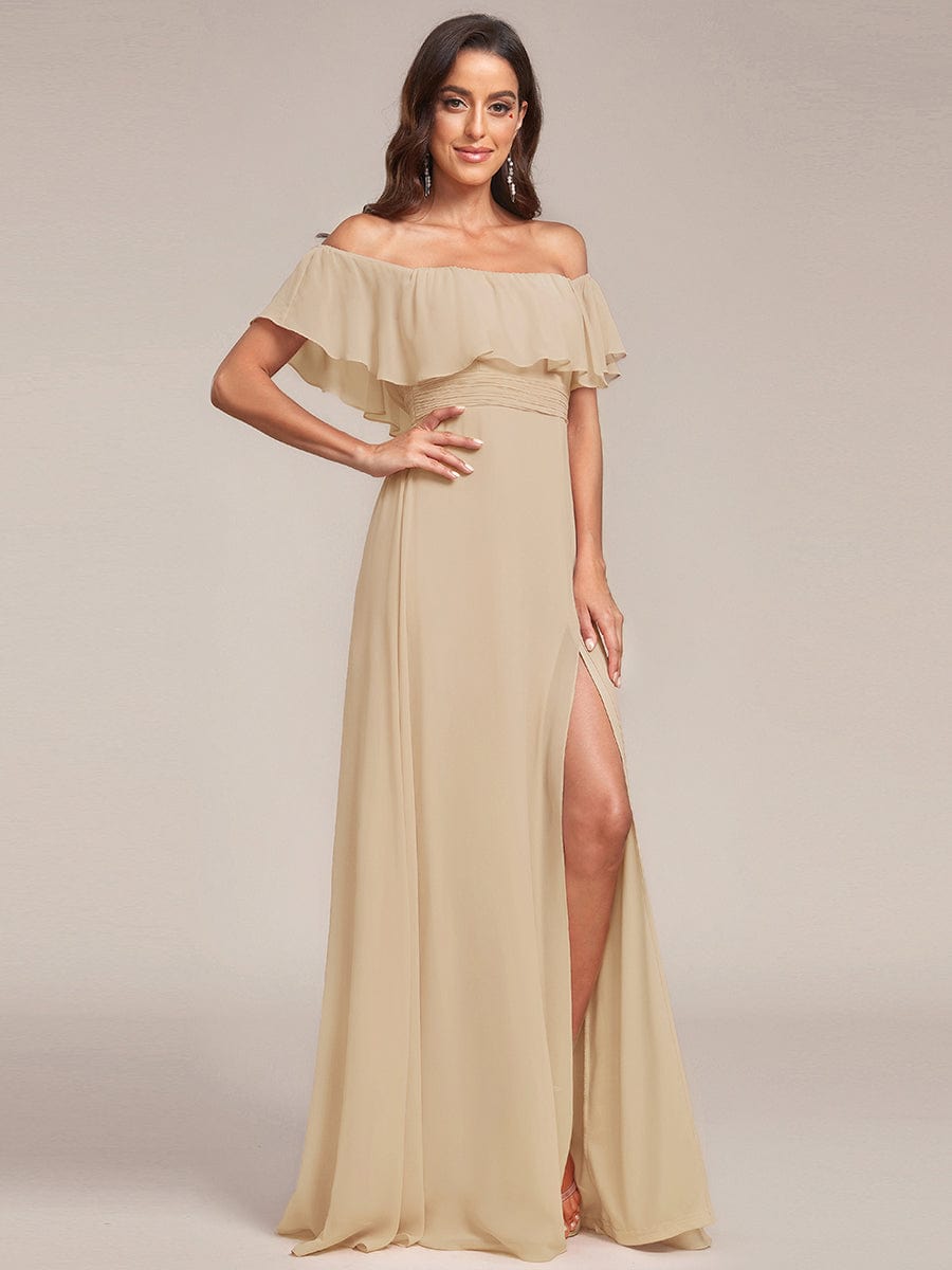 ever ÉMILE|Off the Shoulder Ruffle Bodice Long Flowy Chiffon Bridesmaid Dress