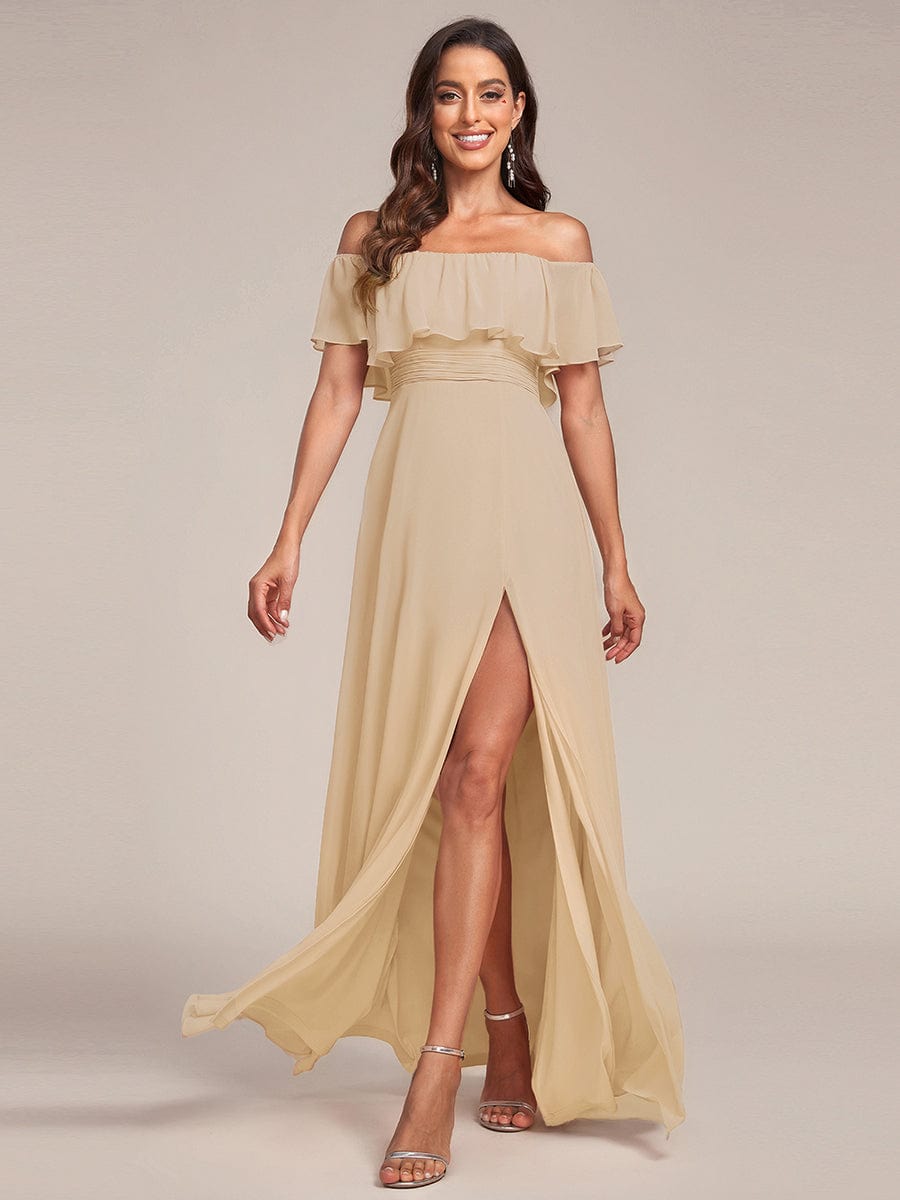 ever ÉMILE|Off the Shoulder Ruffle Bodice Long Flowy Chiffon Bridesmaid Dress