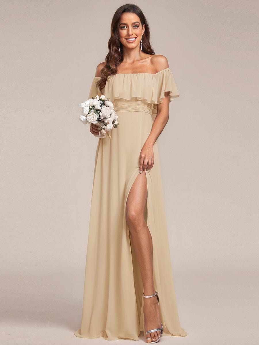 ever ÉMILE|Off the Shoulder Ruffle Bodice Long Flowy Chiffon Bridesmaid Dress