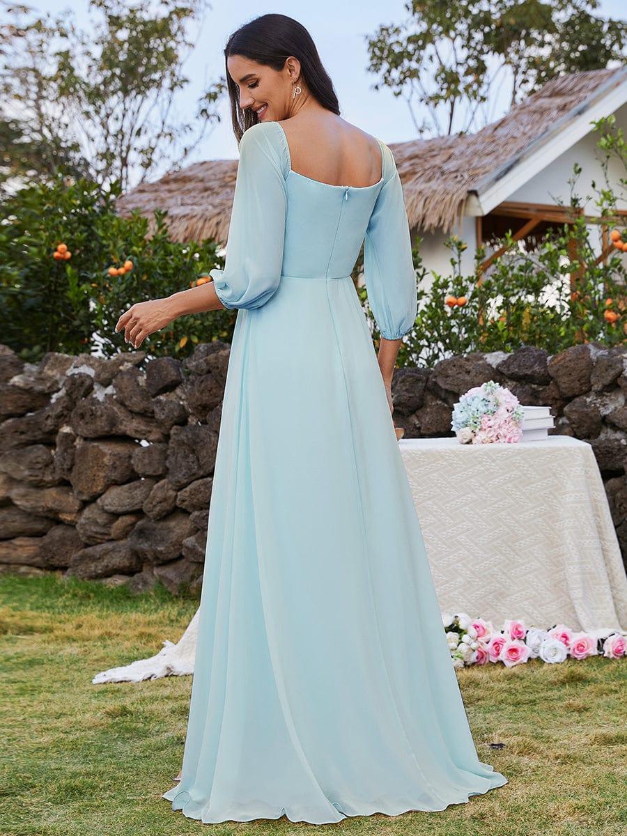 ever DANICA|High-Slit Waist Pleated Off Shoulder Chiffon Bridesmaid Dress with Long Sleeves