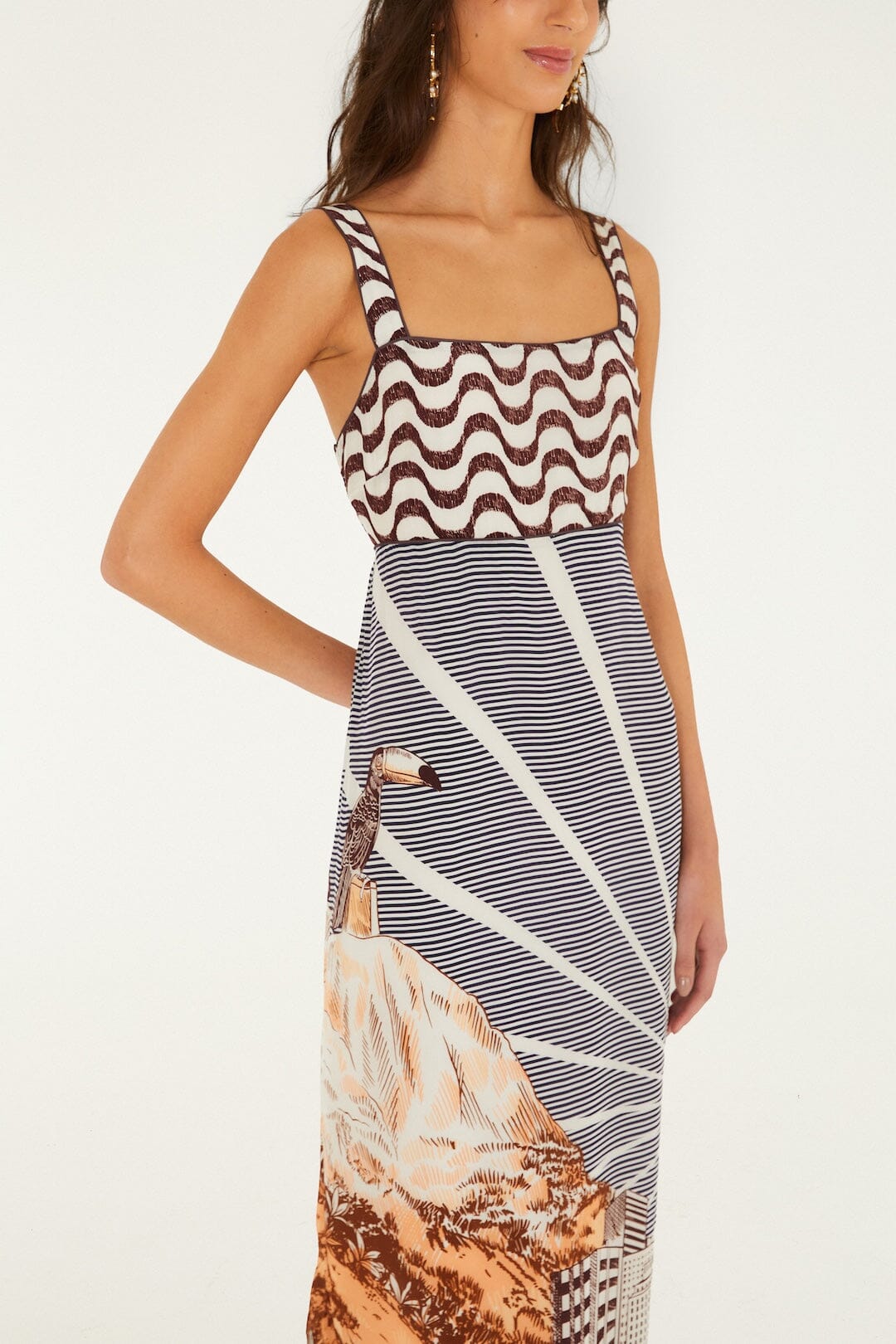 Mixed Carioca Coffee Scarves Sleeveless Midi Dress