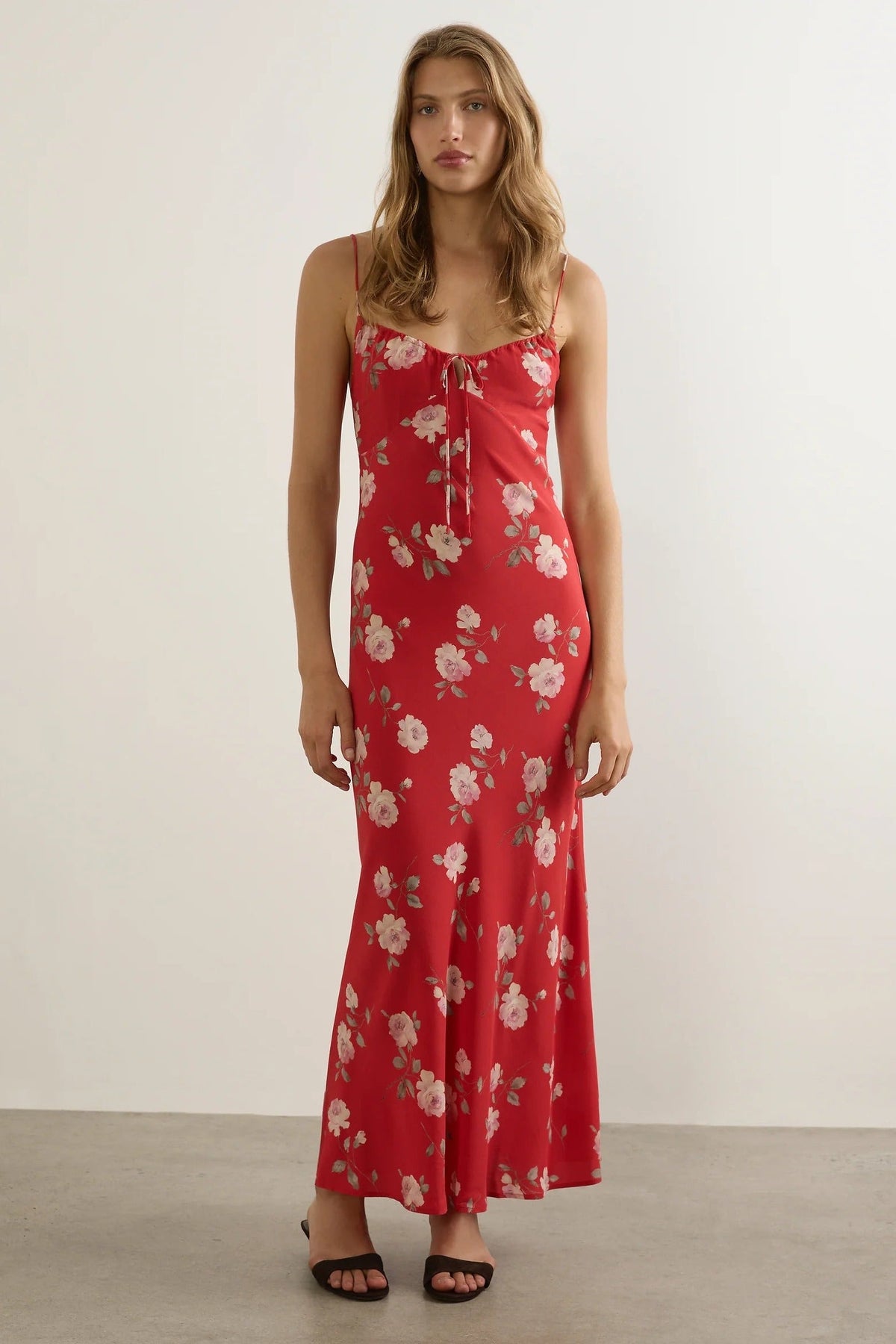 Anne Red Floral Tie Front Strappy Maxi Dress