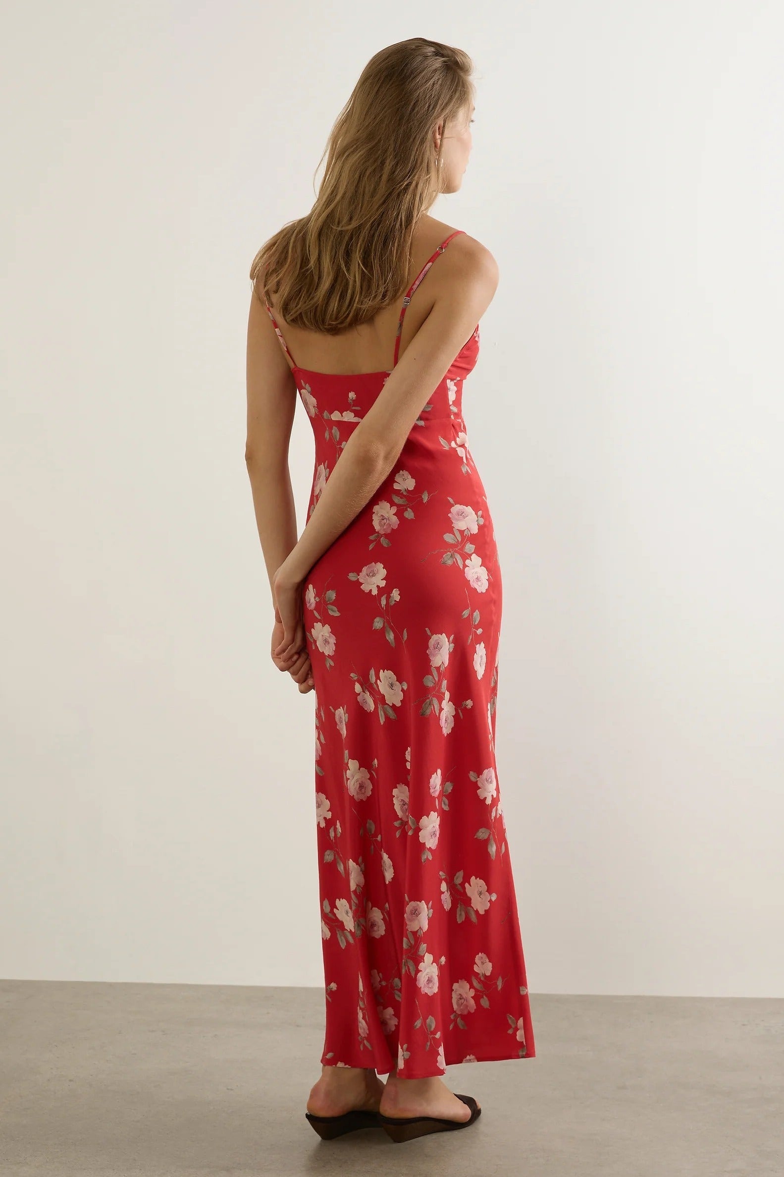 Anne Red Floral Tie Front Strappy Maxi Dress