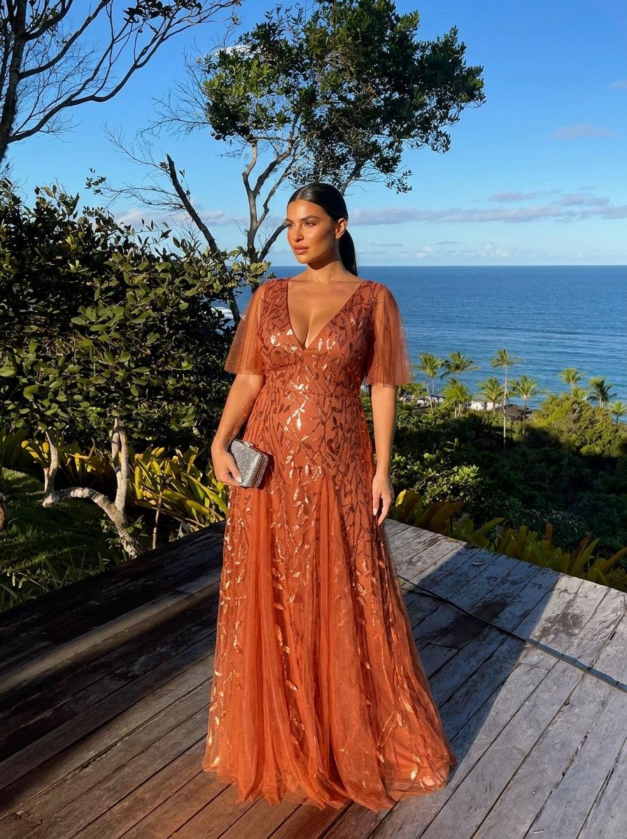 ever ASTRAL|Shimmery Ruffle Sleeves Maxi Sequin Evening Dress