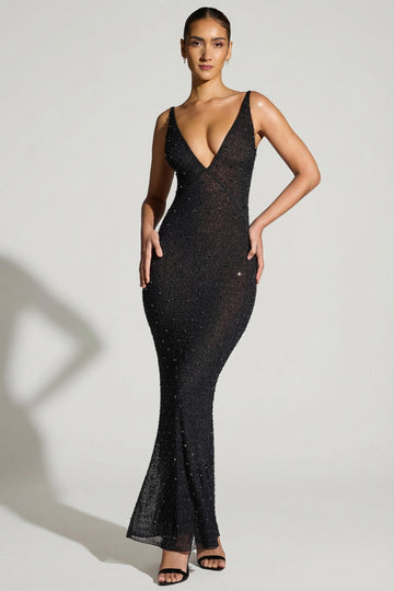 Embellished Plunge Neck Evening Gown in Black