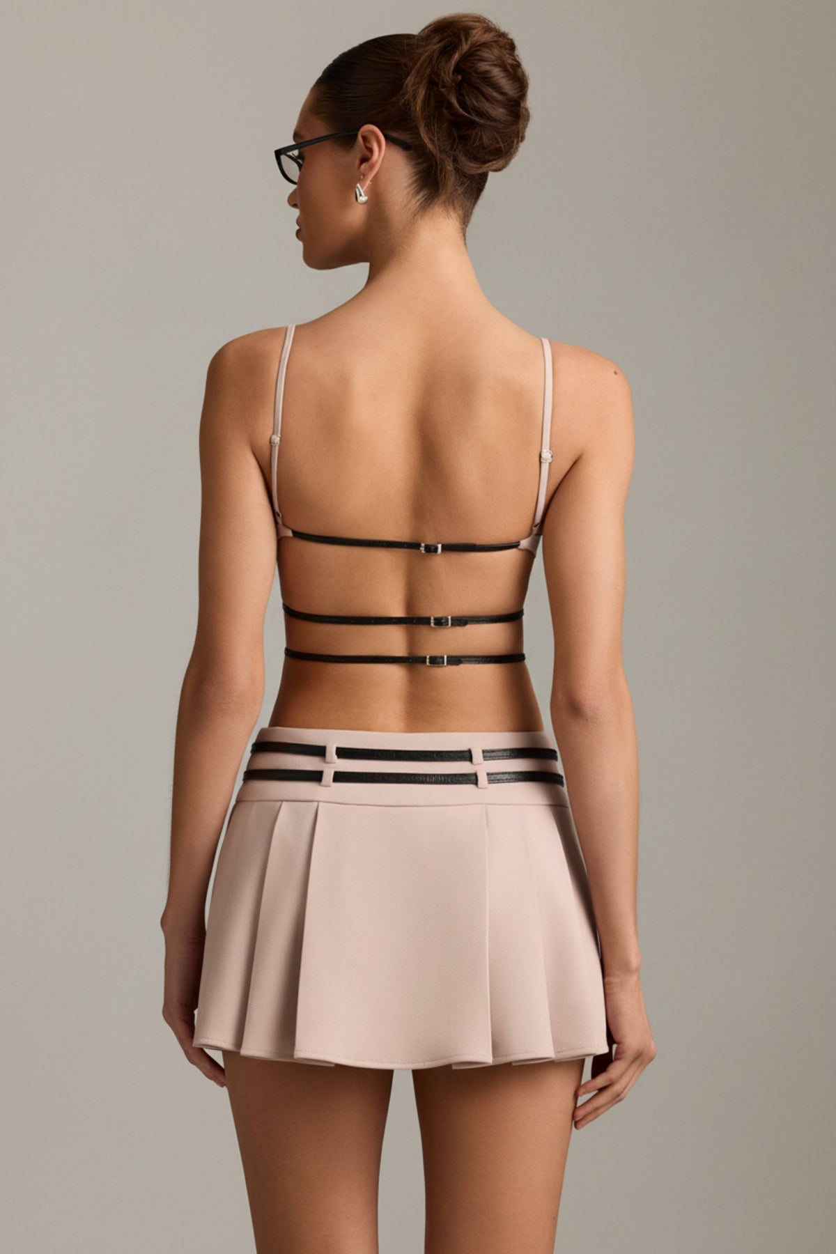 Belted Backless Pleated Mini Dress in Mushroom