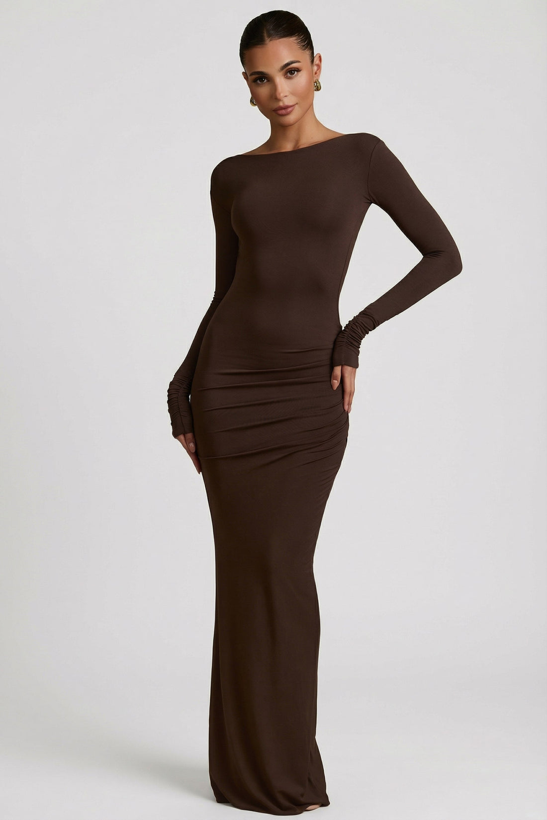 Modal Ruched Backless Maxi Dress in Chocolate Brown