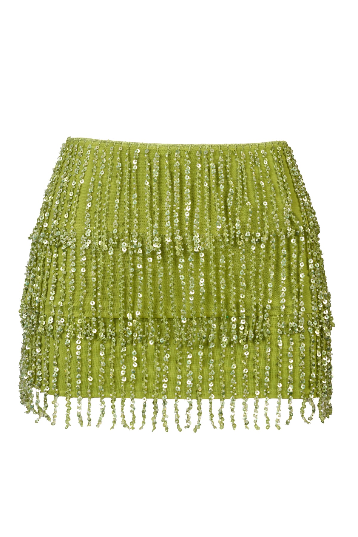 Fringed Low-Rise Mini Skirt in Olive