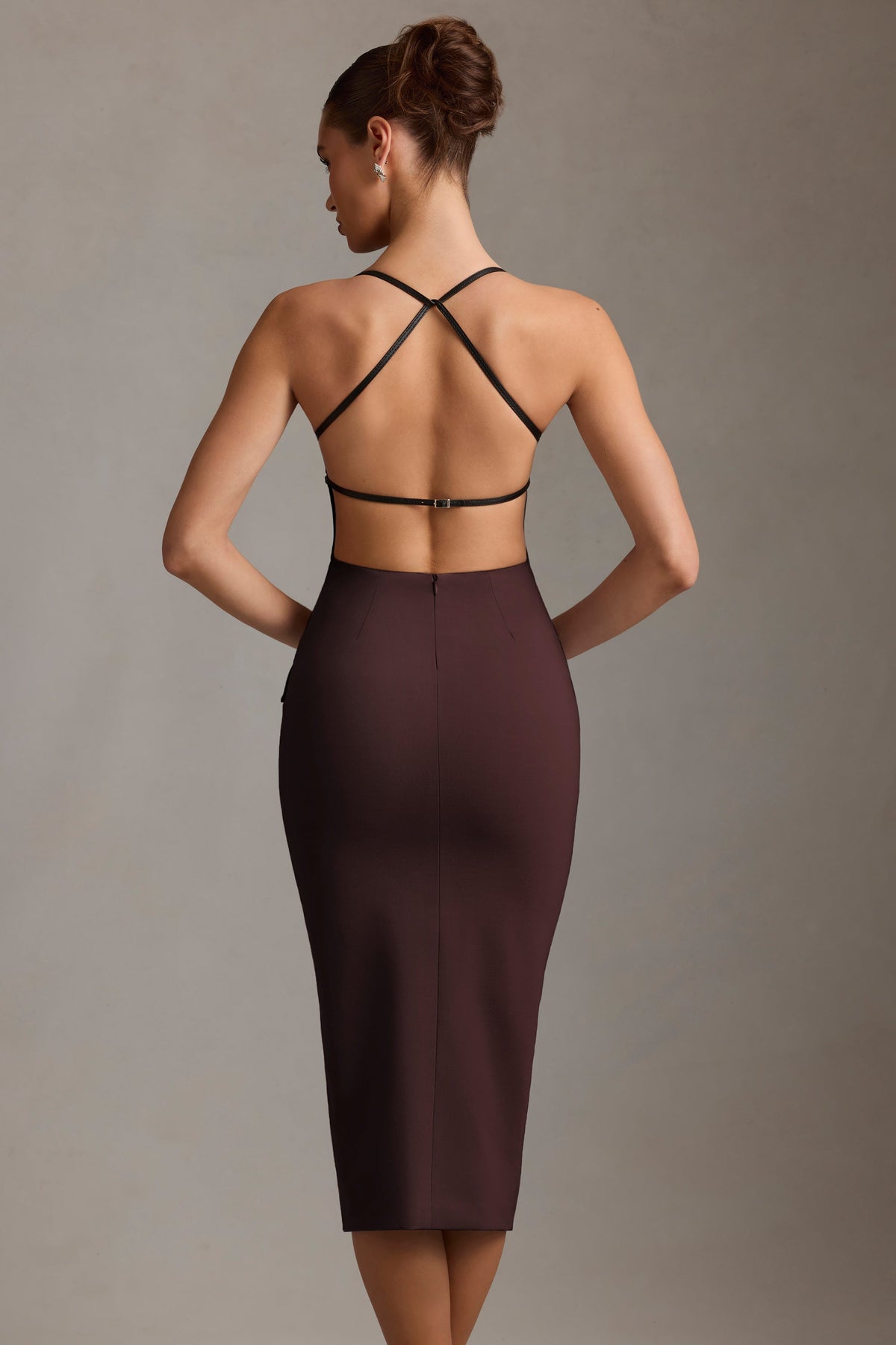 Plunge-Neck Backless Midaxi Dress in Chocolate Brown