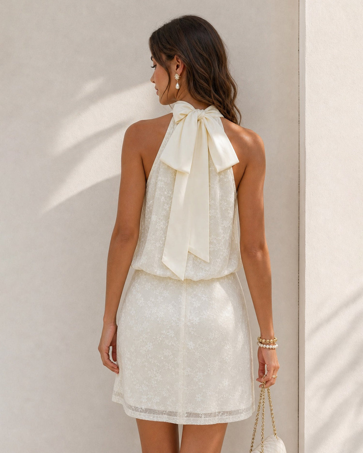 Beige Mock Neck Lace Tie Mini Dress
