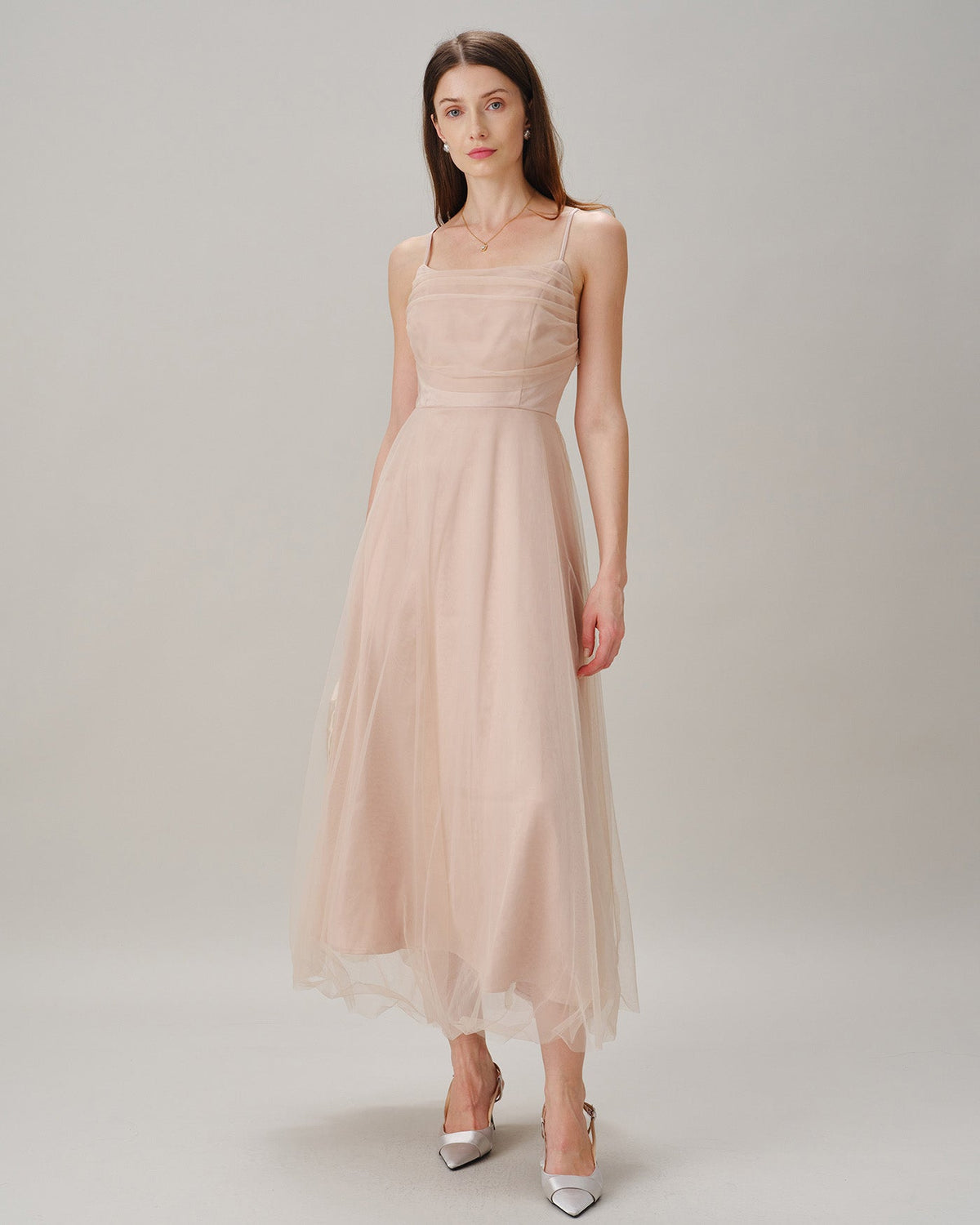 Apricot Pleated Flowy Slip Midi Dress