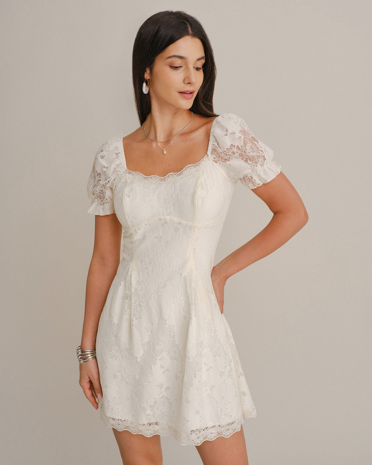 Apricot U Neck Puffed Sleeve Lace Mini Dress