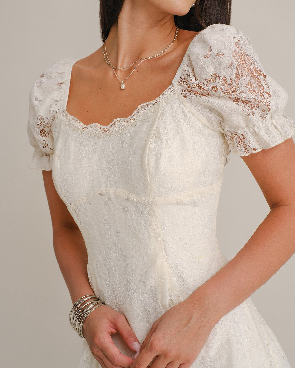 Apricot U Neck Puffed Sleeve Lace Mini Dress