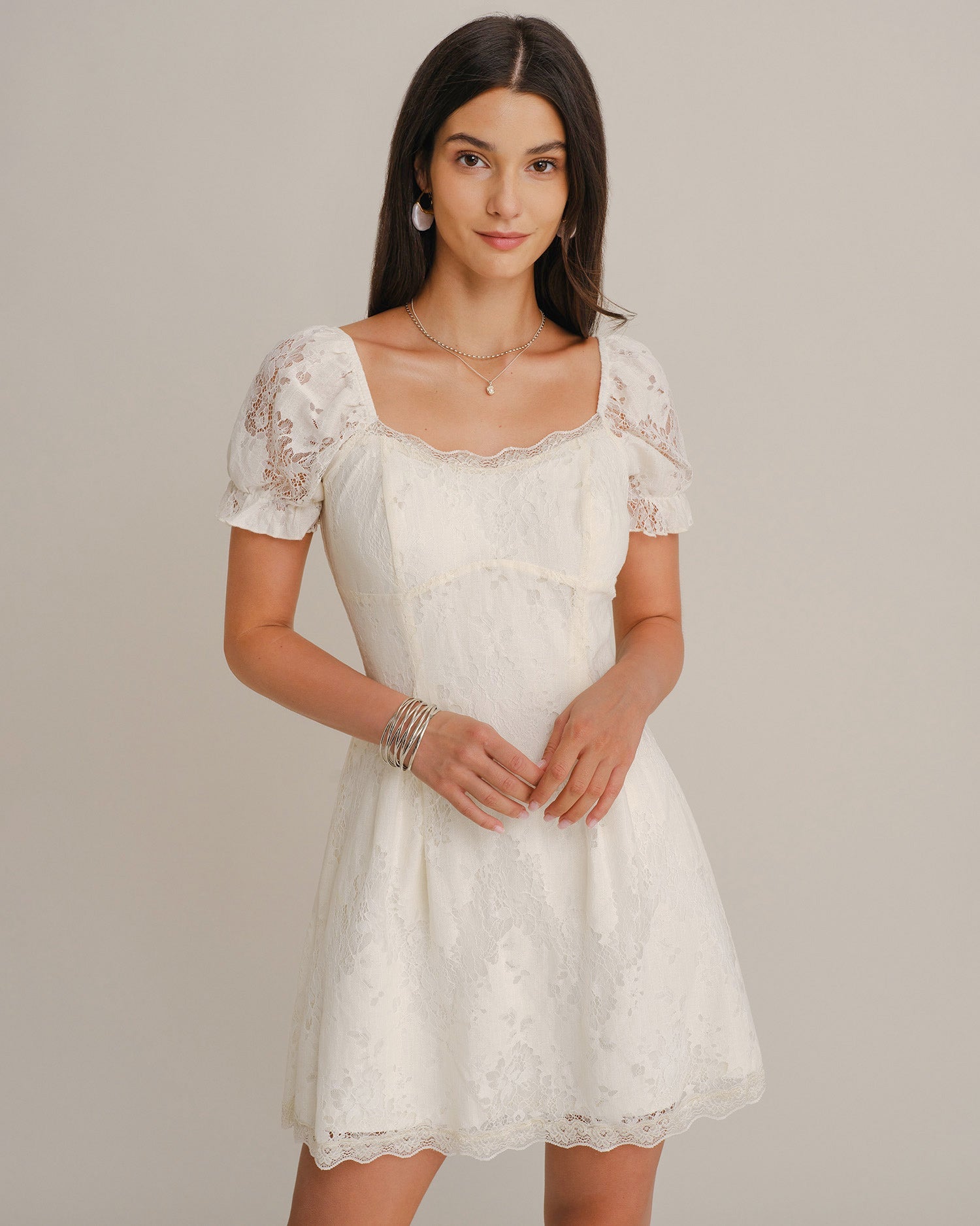 Apricot U Neck Puffed Sleeve Lace Mini Dress