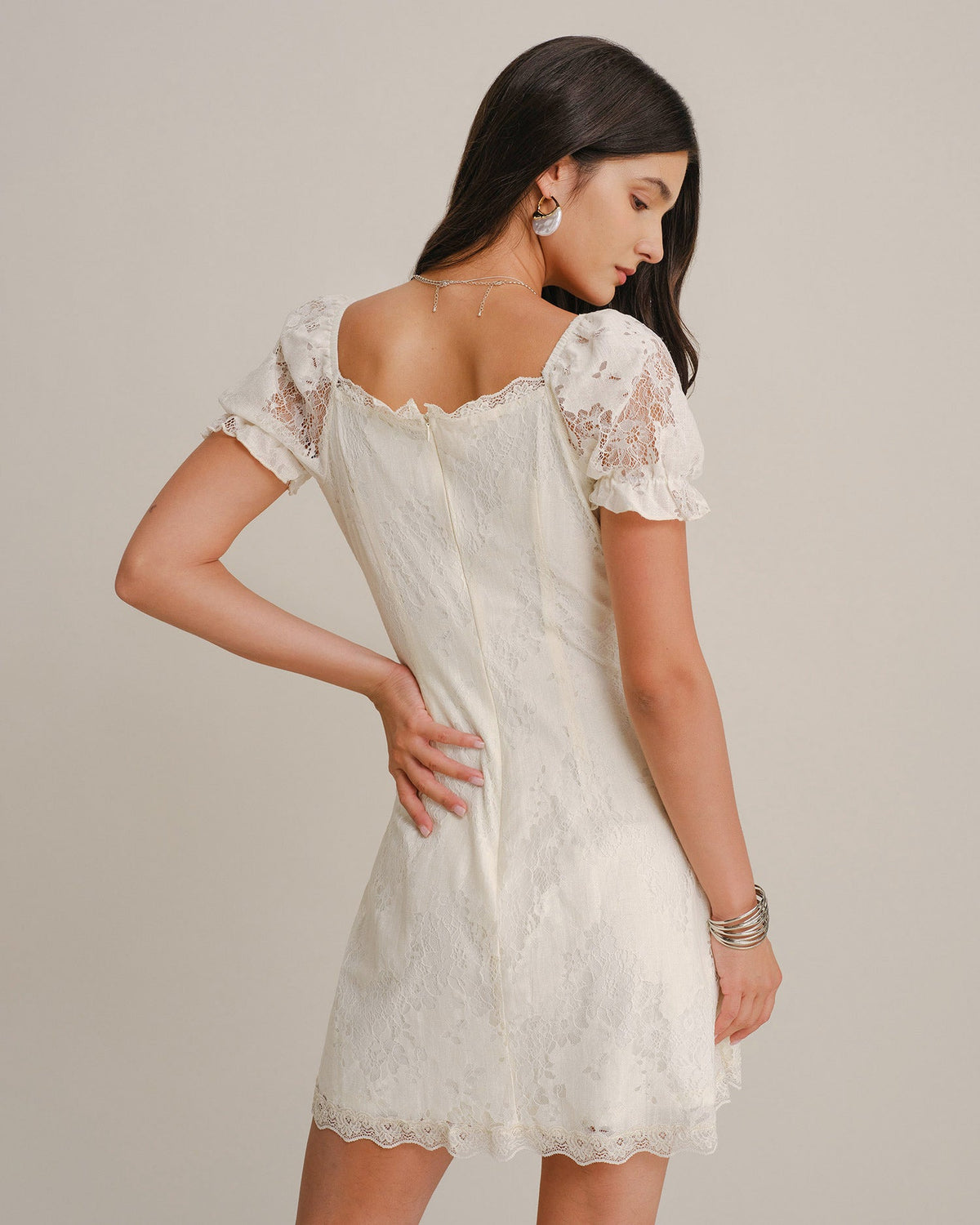 Apricot U Neck Puffed Sleeve Lace Mini Dress