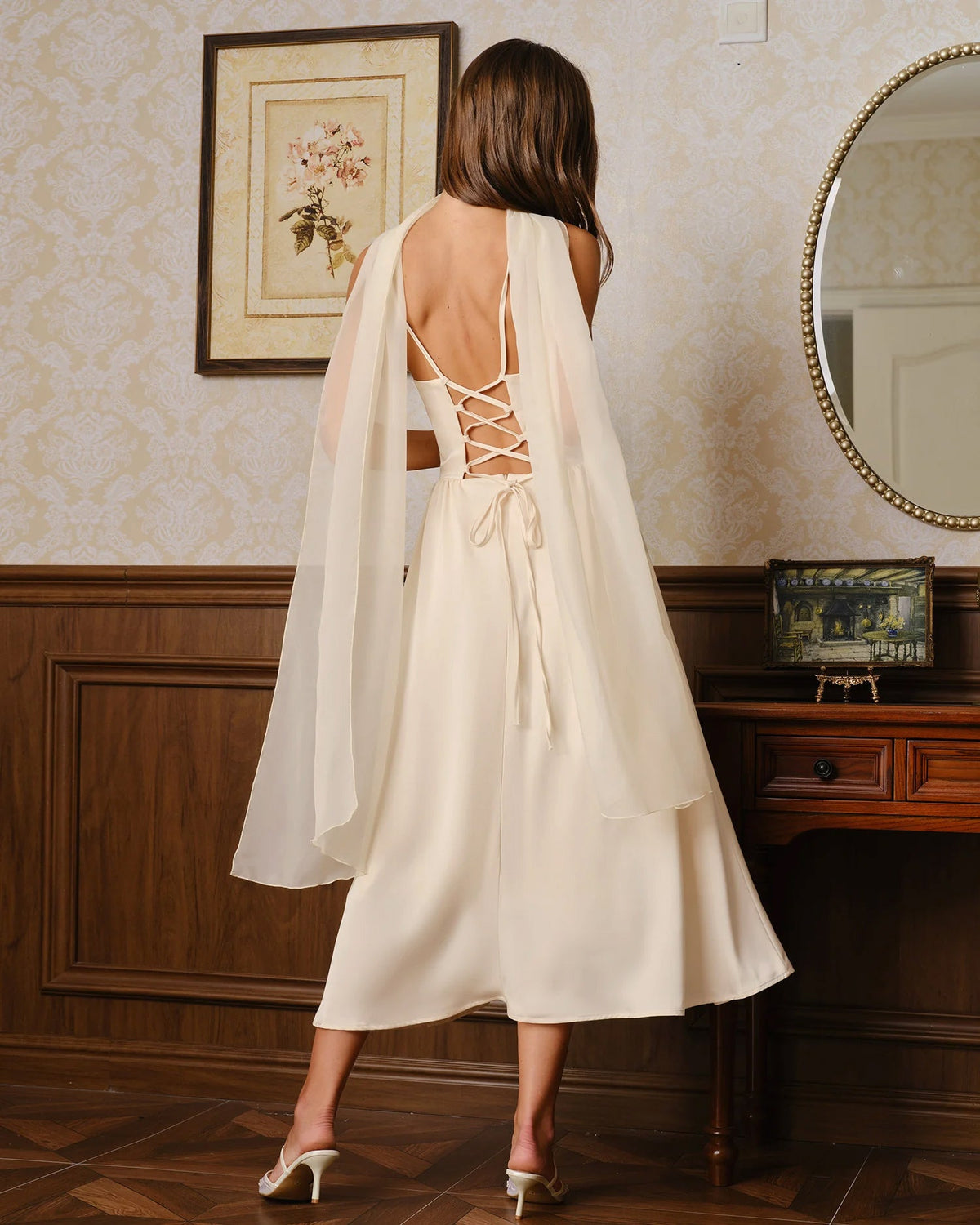 Apricot Flowy Slip Chiffon Midi Dress