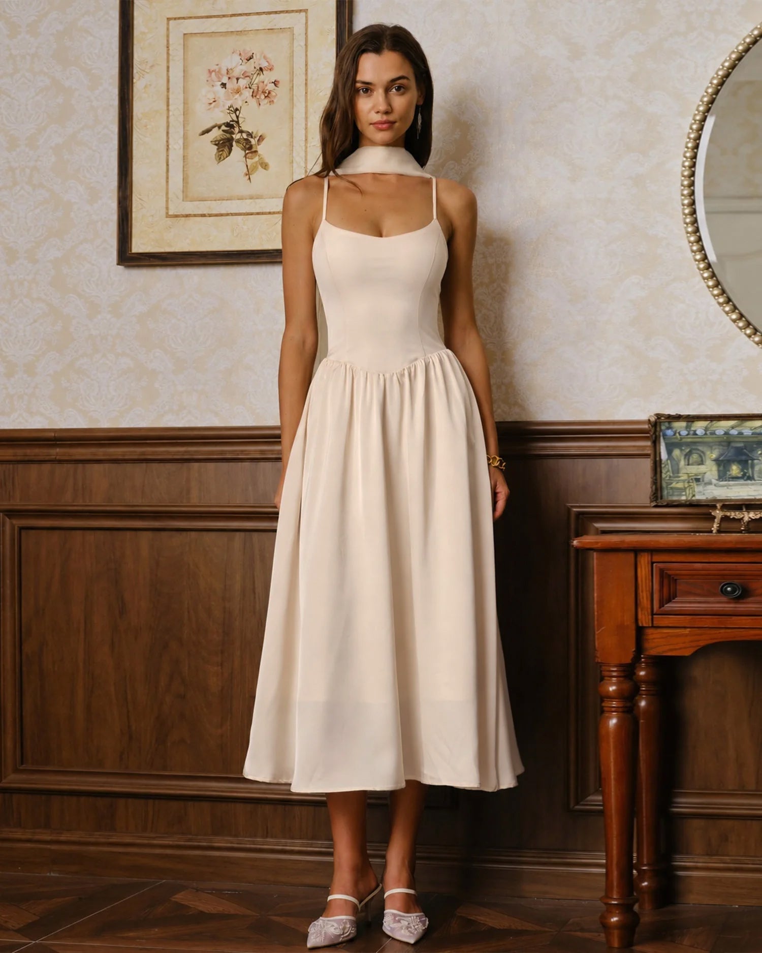 Apricot Flowy Slip Chiffon Midi Dress