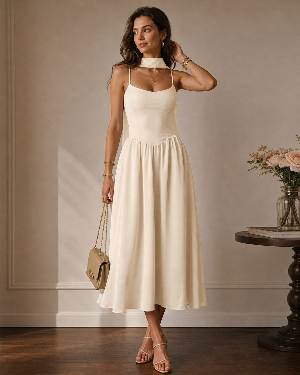Apricot Flowy Slip Chiffon Midi Dress