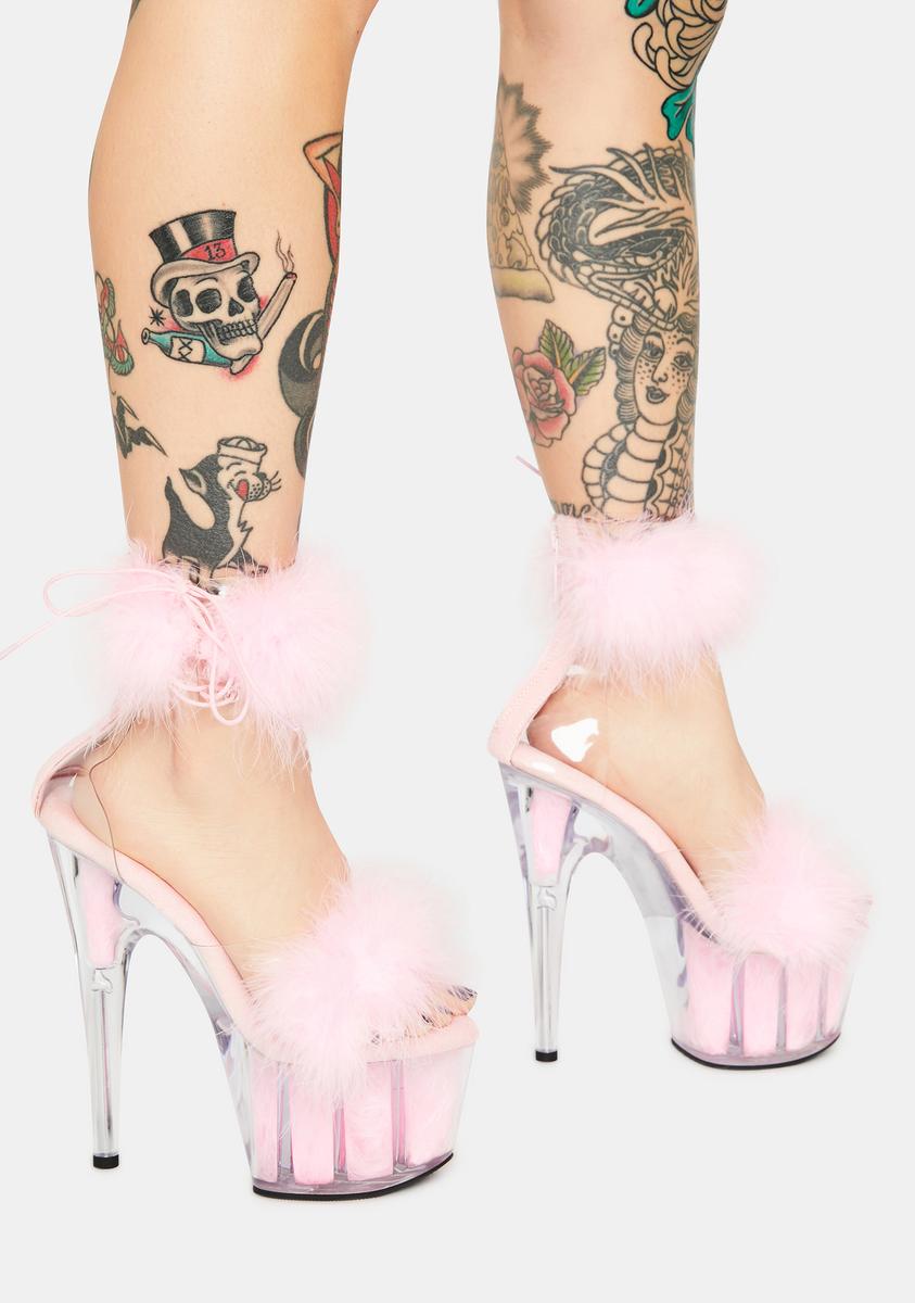 Adore-724F Platform Marabou Ankle Cuff Sandals-Baby Pink
