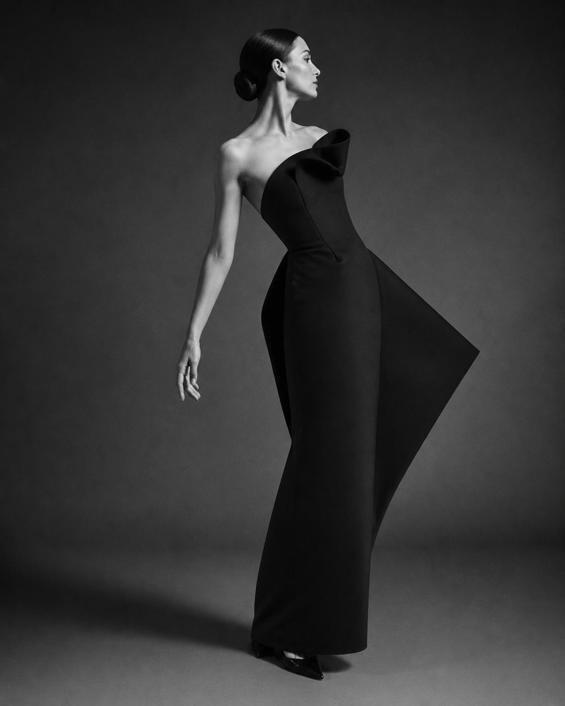 ERAVINE sculptural black dress profile