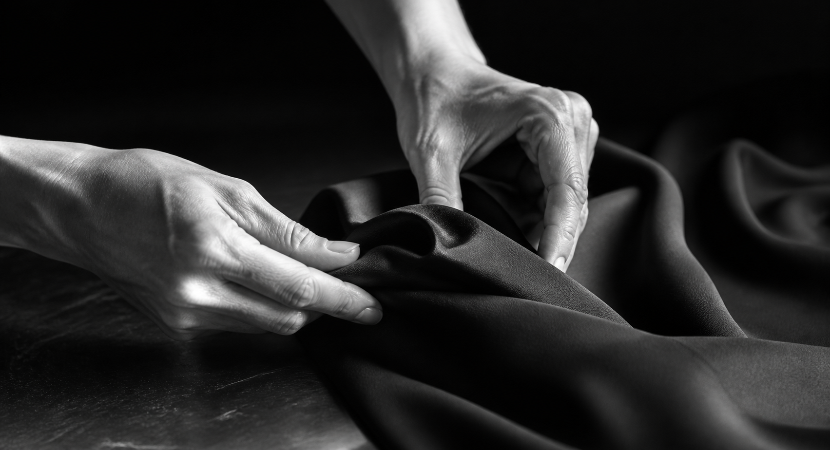 Black crepe fabric shaped by hand