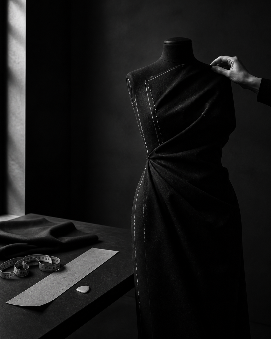 Black fabric being shaped by hand in the ERAVINE studio